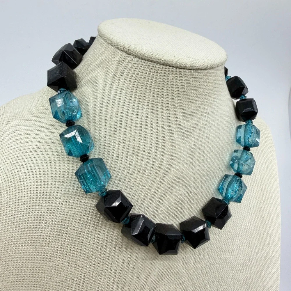 Black Aqua Blue Faceted Cube Bead Necklace Chunky Geometric Statement Jewelry